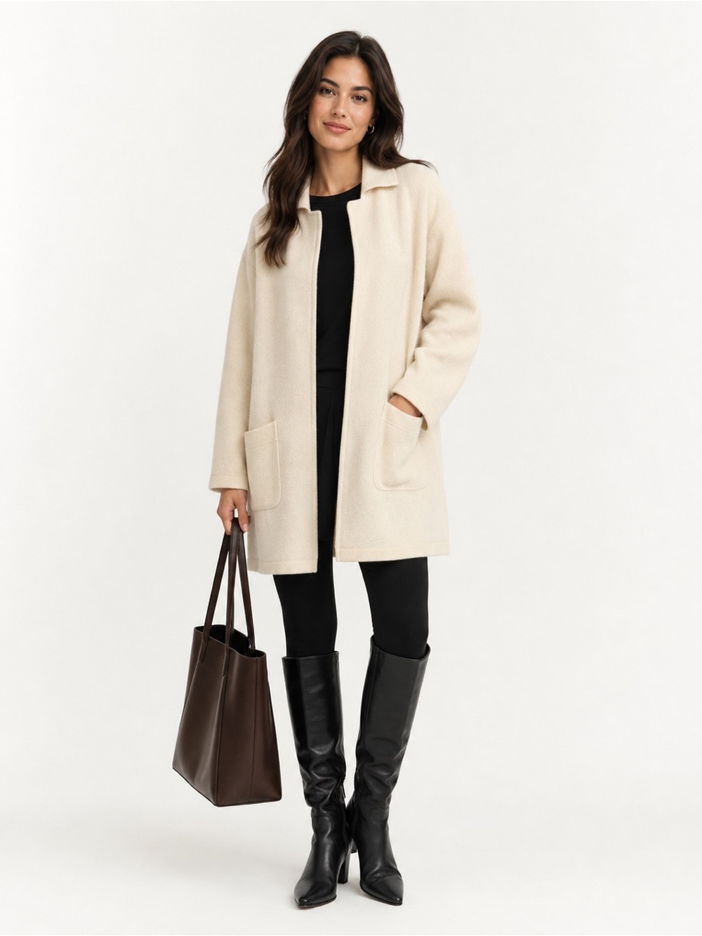 WORTH Wool Cream Open-Front Coatigan with Side Pockets - Picture 1 of 5
